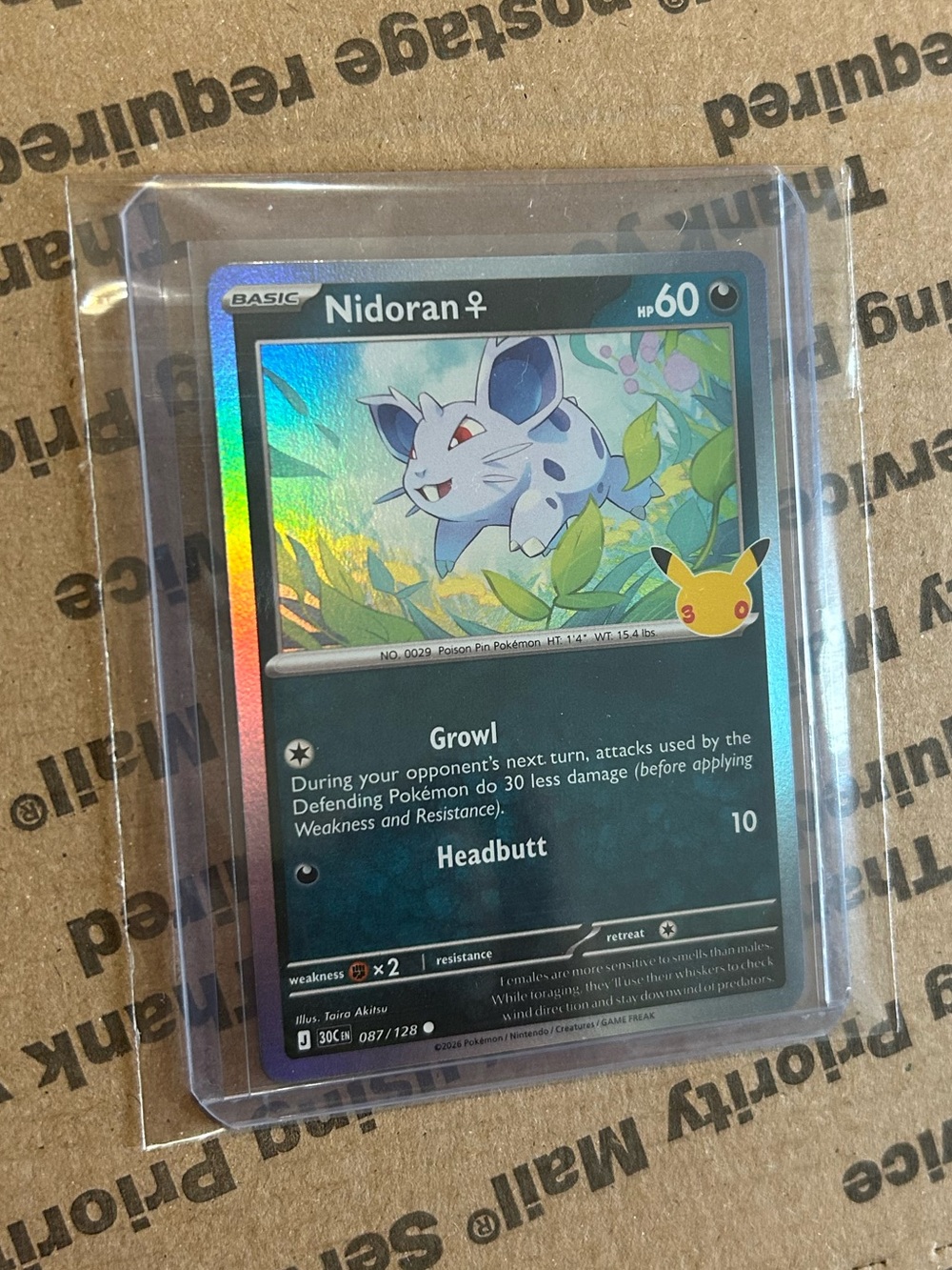 Holo Nidoran (male) Card No. 087/128 ⢠30th Celebration Pokemon TCG